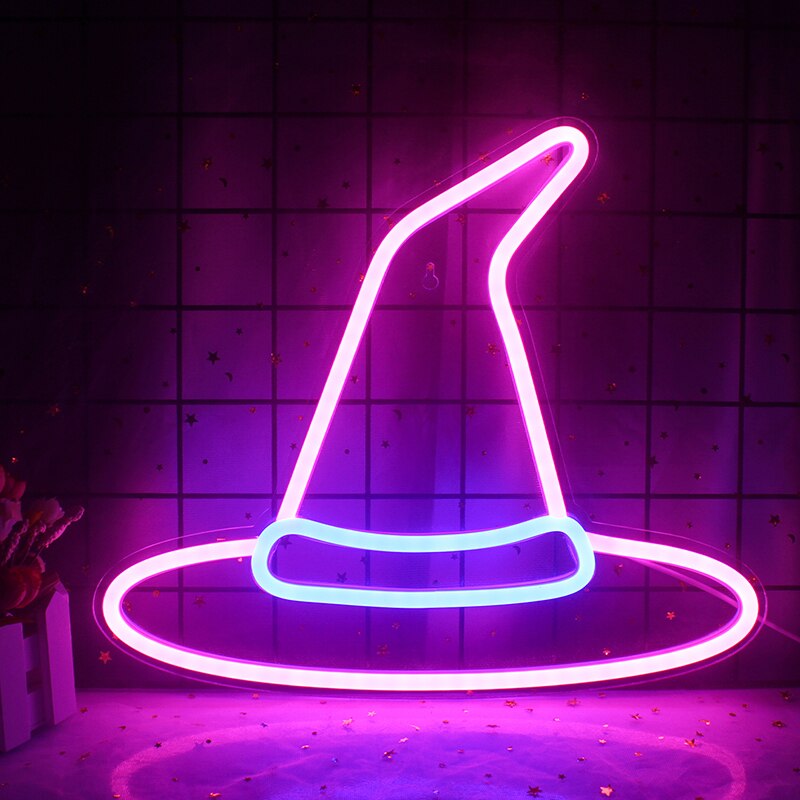 2023 새로운 네온 사인 마녀 모자 디자인 LED 벽걸이 야간 램프, 상점 홈 침실 장식 생일 선물 네온 라이트
